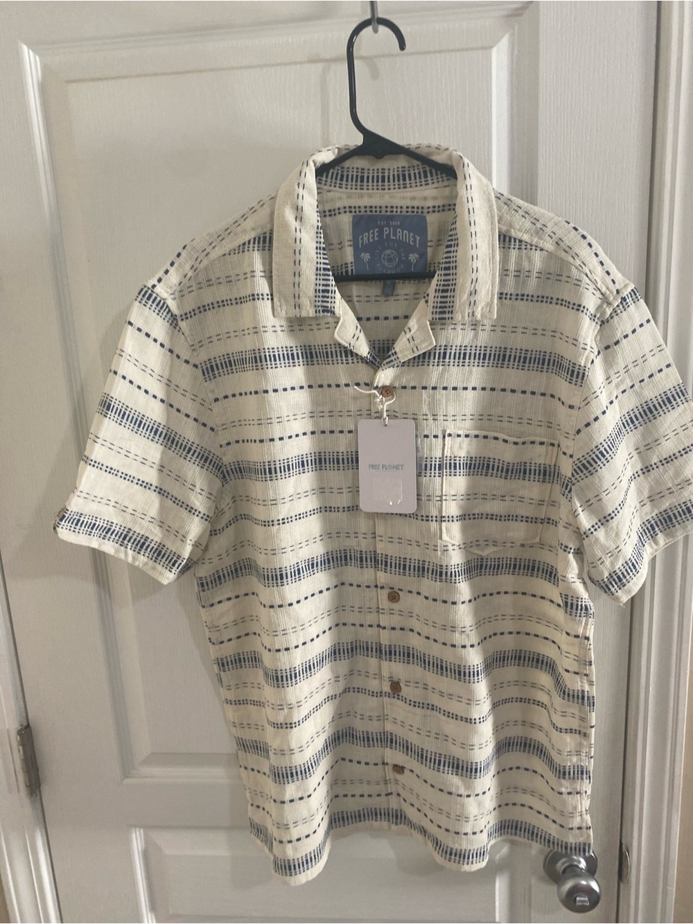 Free Planet Cream and Navy Short-Sleeve Striped Camp Shirt